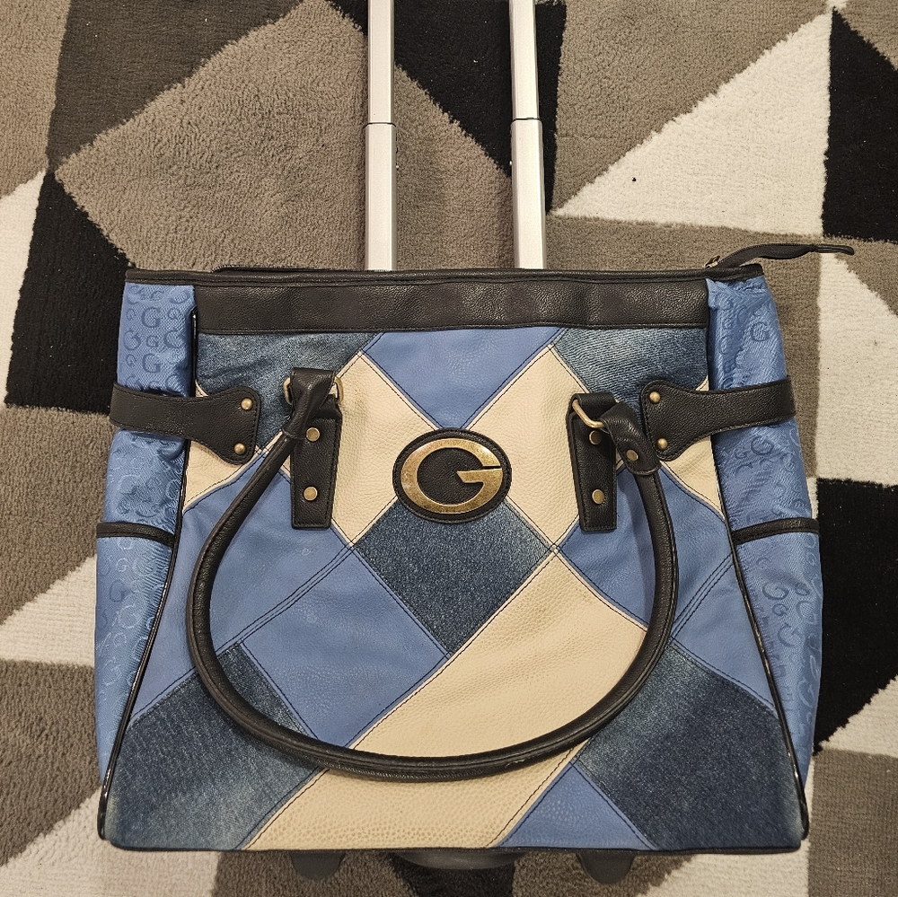 Stylish Patchwork Guess Type Vintage Travel Bag with Blue and Cream Design